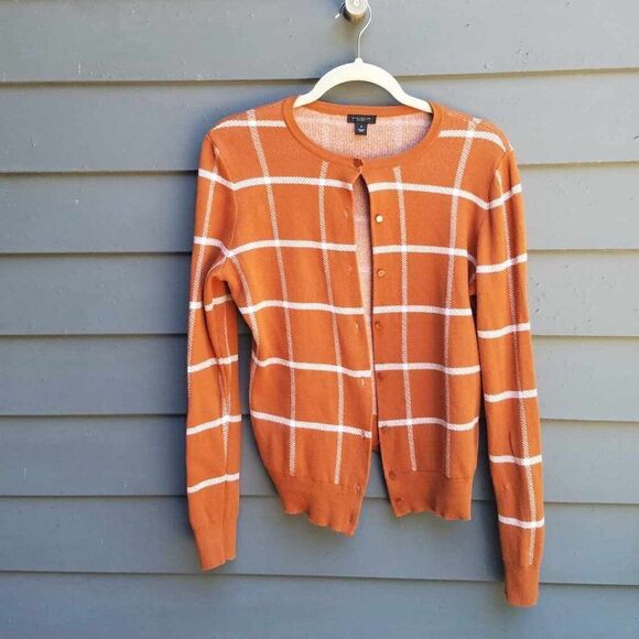 Ann Taylor Factory Pumpkin & White Plaid Cardigan Sweater Medium - Picture 1 of 10